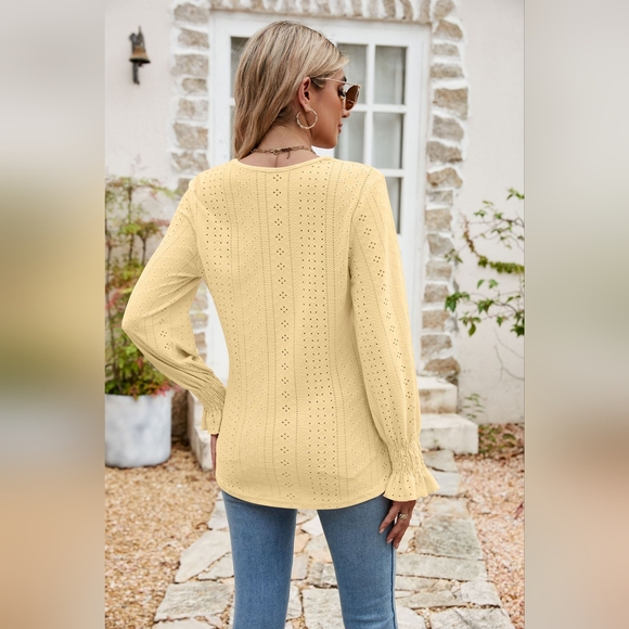 Eyelet Flounce Sleeve V-Neck Blouse - Picture 3 of 4